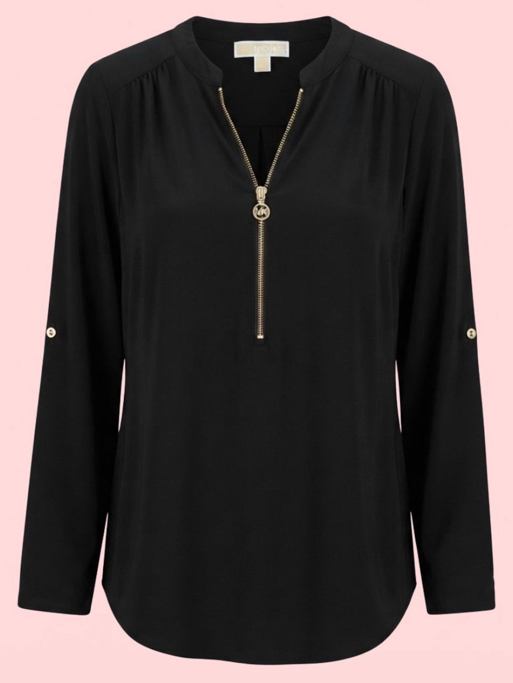 Michael Kors Black Roll-Tab Sleeve Blouse Gold MK Zip V-Neck - Size L